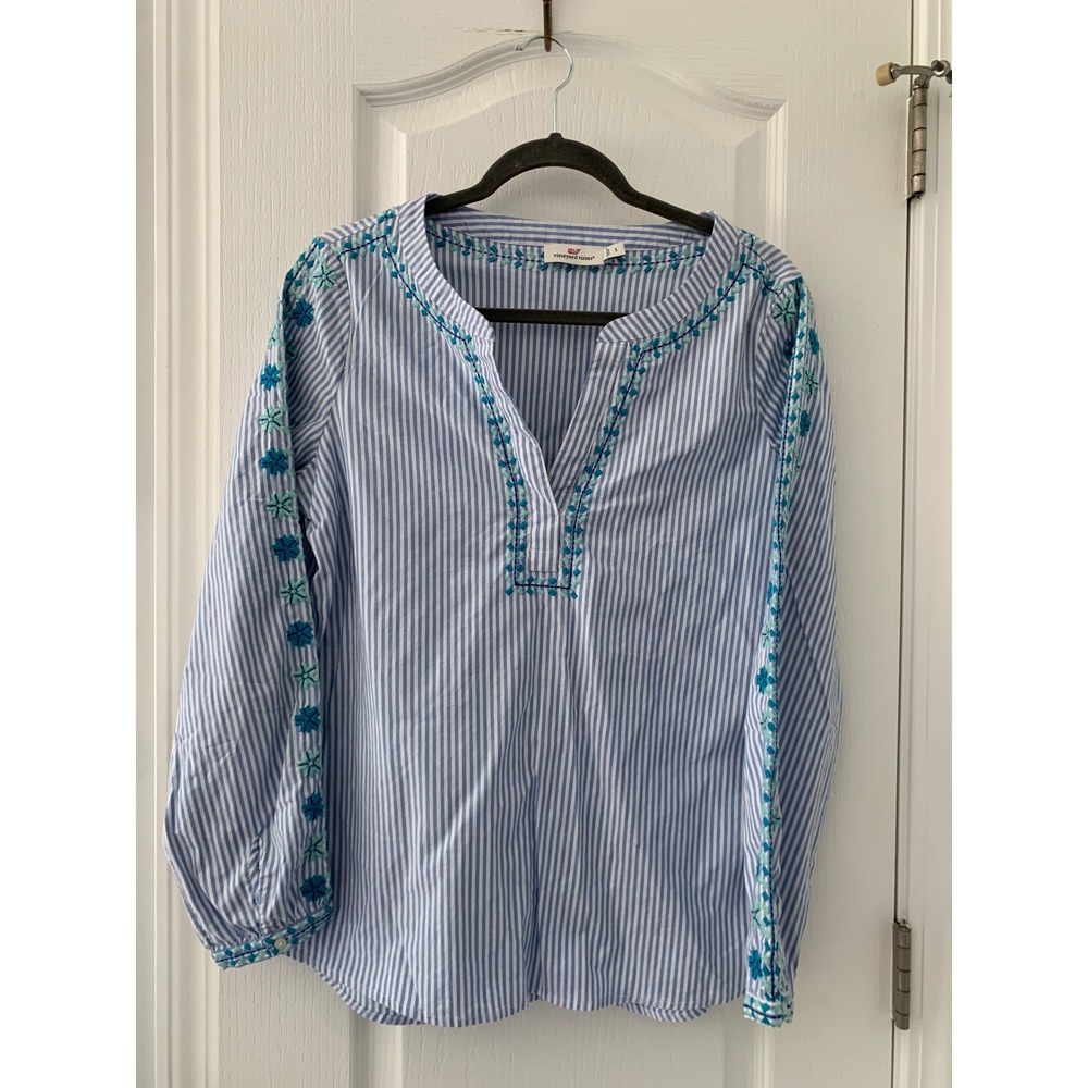 Vineyard Vines Blue White Striped Embroidered Floral Tunic Blouse Small